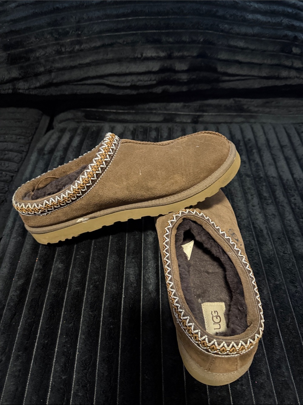 UGG Men's Brown Suede Slip-On Mule with Shearling Trim